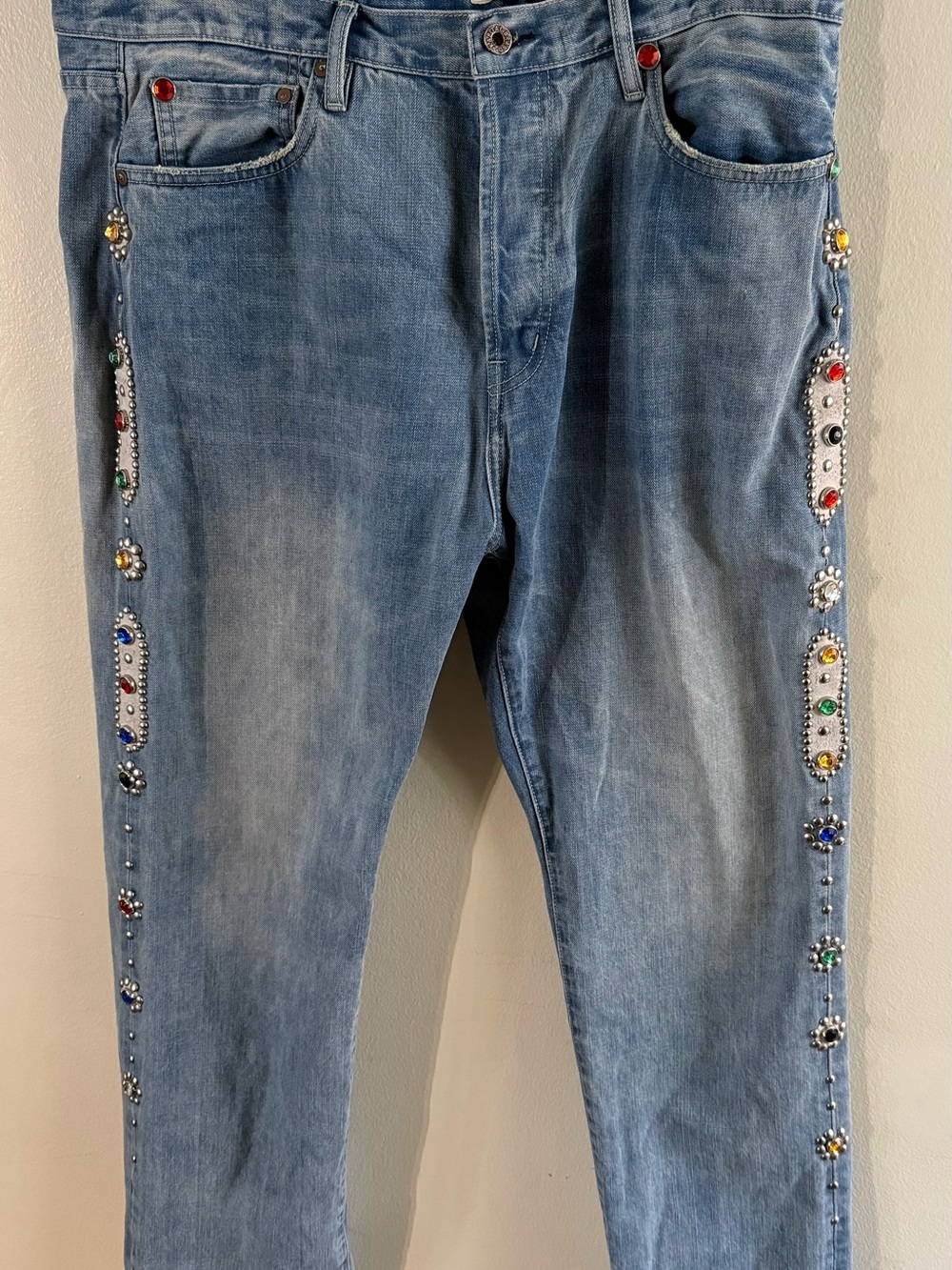 Kapital Light Blue Slim Straight Jeans with Multicolor Jewel Trim